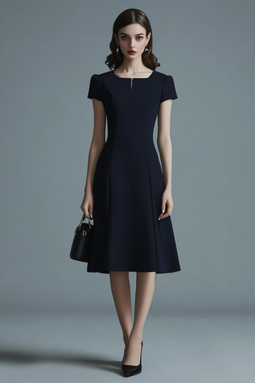 A Line Navy Short Sleeves Midi Work Dress
